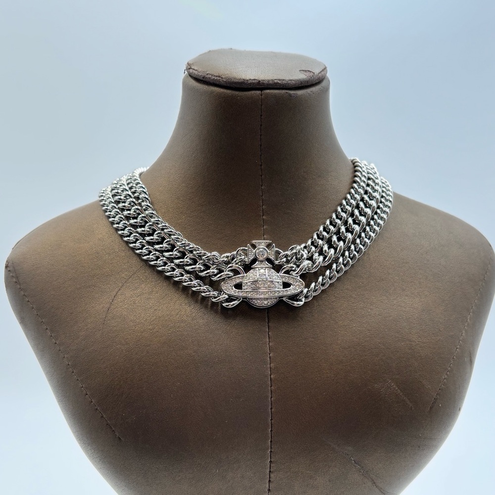 Vivienne Westwood Graziela Orb Multi Chain Choker Necklace Silver Tone Crystal - Picture 2 of 9